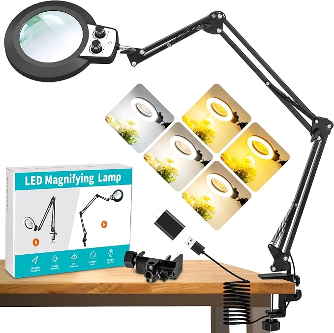 Magnifying Glass with Light, Overhead Knob Magnifier Lamp 12X | 35in Adjustable Arm For Craft Repair Sewing Workbench Close Work, LED Magnifying Light Real Glass Stepless Dimming and Color