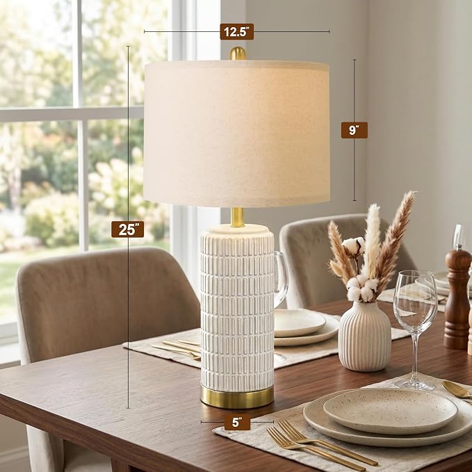 PoKat 25'' Modern Table Lamps Set of 2 for Living Room with Gold Base, White Farmhouse Bedside Lamps for Bedroom, Nightstand Lamps for Office End Table Hallway Home Decor Gift, Beige and White