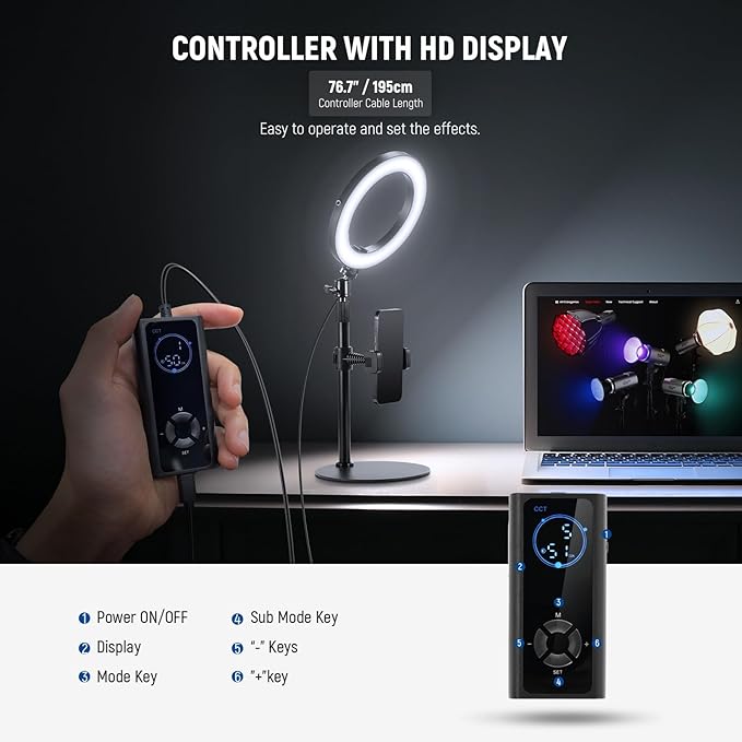 NEEWER 18W 8" Desk Ring Light with Stand, Circle Selfie Light for iPhone Streaming Makeup Video Recording, Video Conference Lighting Kit with Phone Holder for Laptop Computer Zoom Call Podcast, RH8B