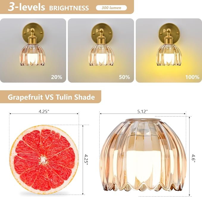 Vintage Battery Operated Wall Sconce, Amber Tulip Glass Lampshade Wireless Rechargeable Battery Powered LED Wall Light with Remote Dimmable for Bedside Bedroom Doorway Living Room, Set of 2