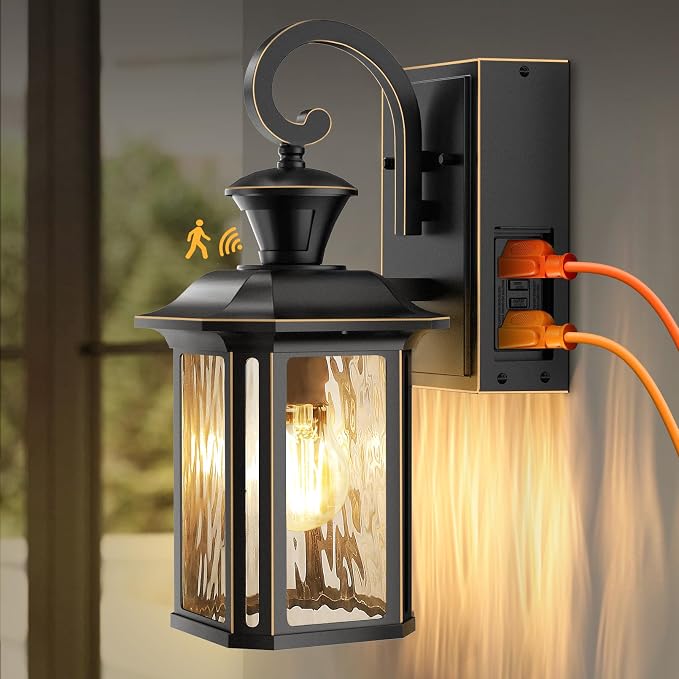 Porch Lights with GFCI Outlet, Motion Sensor Wall Light, Dusk to Dawn Exterior Light Fixture for House, Waterproof Outside Anti-Rust Wall Mount Lantern for Front Door Patio Garage, Black