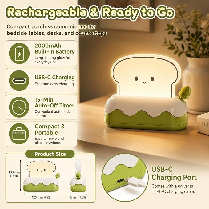 L LOHAS LED Cute Toaster Night Lights for Kids, Kawaii Stuff Bread Desk Lamp with Smile Face, Rechargeable Desk Decor for Bedroom, Besides, Dinning, Nursery Night Light for Kids, Boys, Girls, Gifts
