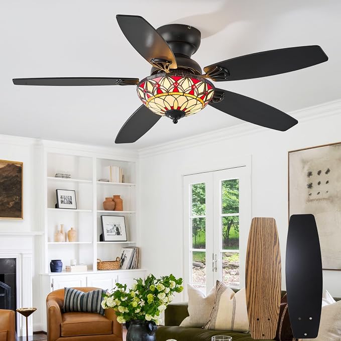 Tiffany Ceiling Fans with Lights-48"Ceiling Fan Chandelier and Glass Shade | 48" Ceiling Fan Chandelier with 5 Dual-Blades and Glass Shade, 6 Speeds and Reversible, Indoor and Outdoor, Retro Style