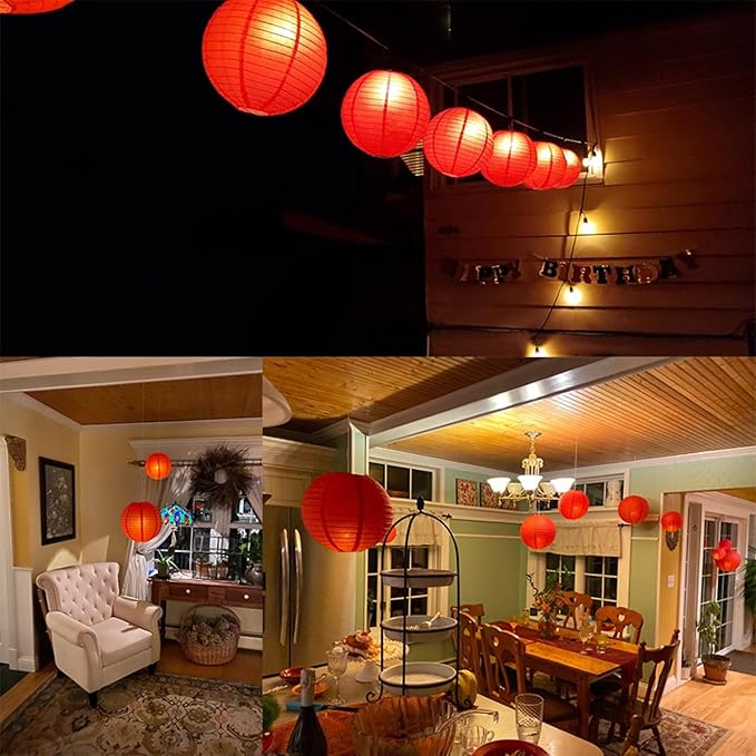 12 Pcs Red Paper Lanterns with 12 Pcs White LED Lights, 6" 8" 10" 12" Round Hanging Ball Lantern for Christmas Valentine's Day 4th of July Party