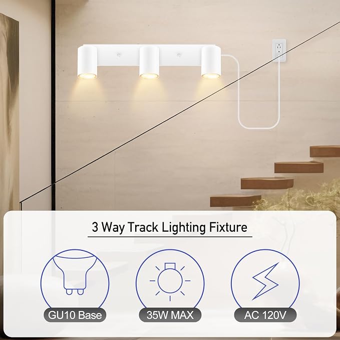 Plug in Track Lighting, 3 Light Ceiling Lighting Kit, White 3 Way Modern Wall Spotlight, 15 FT Cord,Flexibly Rotatable Complete Light Kits for Kitchen Cabinet Gallery Bar Living Room（No Bulb）