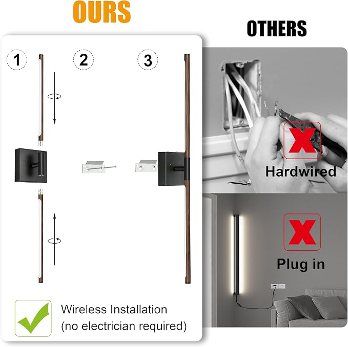 Morauroral 24″ Walnut Black Battery Operated Wall Sconces, Dimmable Wall Sconces with Remote Control, Rechargeable Sconces Wall Lighting, LED Wireless Wall Lights for Bedroom, Living Room, Bathroom