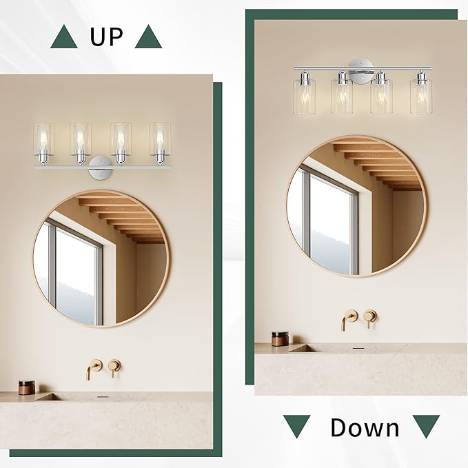Espird Bathroom Vanity Light Fixtures Polished Chrome,4 Lights Rustic Farmhouse Vanity Bar Lighting Over Mirror Modern Industrial Wall Sconces Lamp with Cylinder Glass Shade