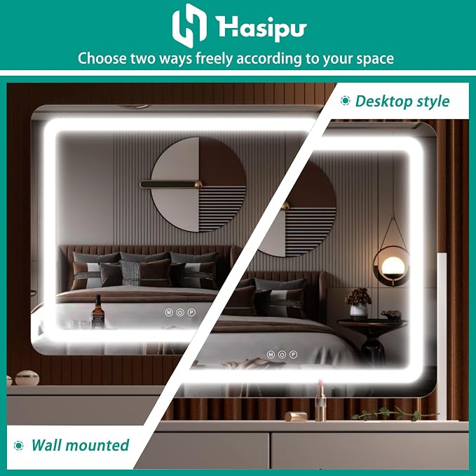 Hasipu Vanity Mirror with Lights, 24.2" x 20" LED Make up Mirror, Light up Mirror with 10X Magnification, Smart Touch 3 Colors Dimmable, Brightness Adjustment, 360° Rotation (White)