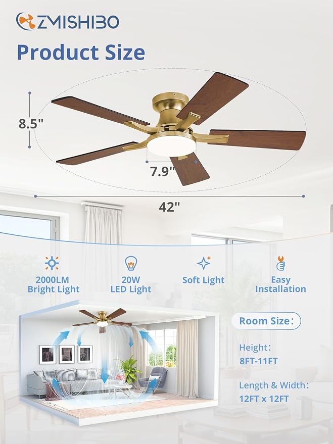 ZMISHIBO 42 Inch Ceiling Fans with Lights, Remote&App Control, Flush Mount | Low Profile, Dimmable 20W LED Light, Quiet Reversible Motor, Strong Airflow, Easy Install for Bedroom/Living Room/Apt, Gold