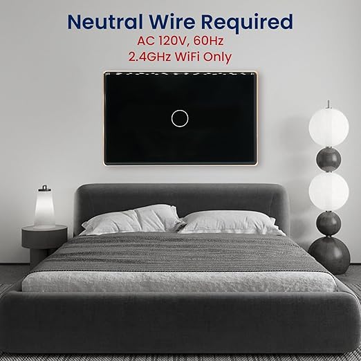 WiFi Energy Monitoring Smart Light Switch,Single Pole 1-Button,Neutral Wire Required,2.4GHz,Compatible with Alexa,Tuya/Smart Life App,Single-Gang,Aluminum Frame 2.5D Glass Panel,Black