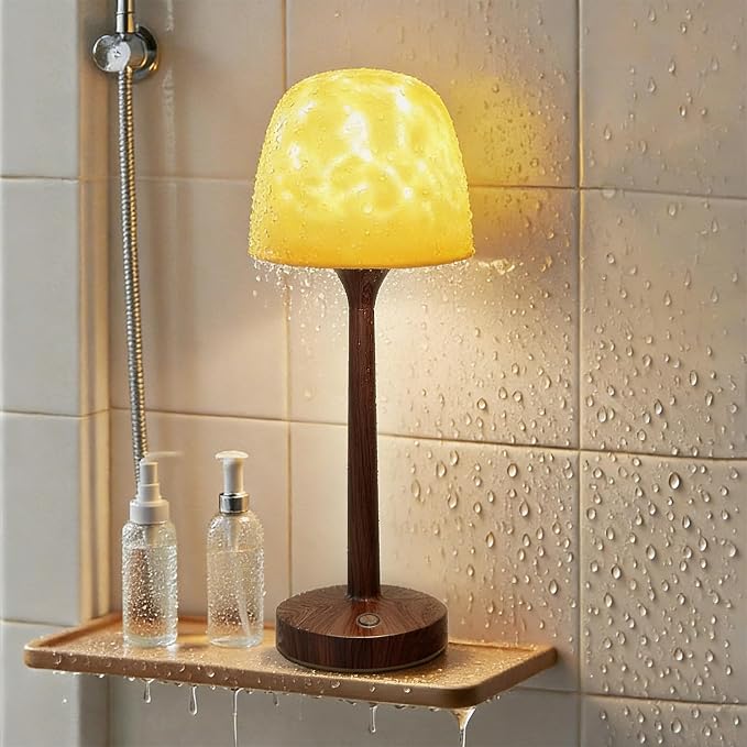 Shower Lamp - Waterproof Bathroom Lamp with 16 Color Ocean Wave Projector, Cordless Light for Inside Shower/Bathtub Bedroom Living Room Kitchen Decor (Walnut Grain)