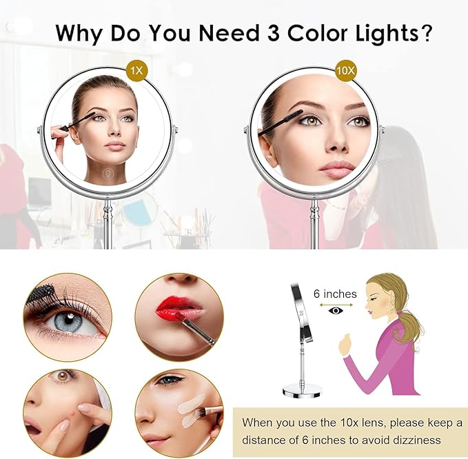 Lighted Makeup Mirror, 3000 mAh Rechargeable Double Sided Magnifying Vanity Mirror with 3 Colors, 1x/10x, 360° Rotation , Brightness Adjustable Magnification Cosmetic Light up Mirror, Women Gift