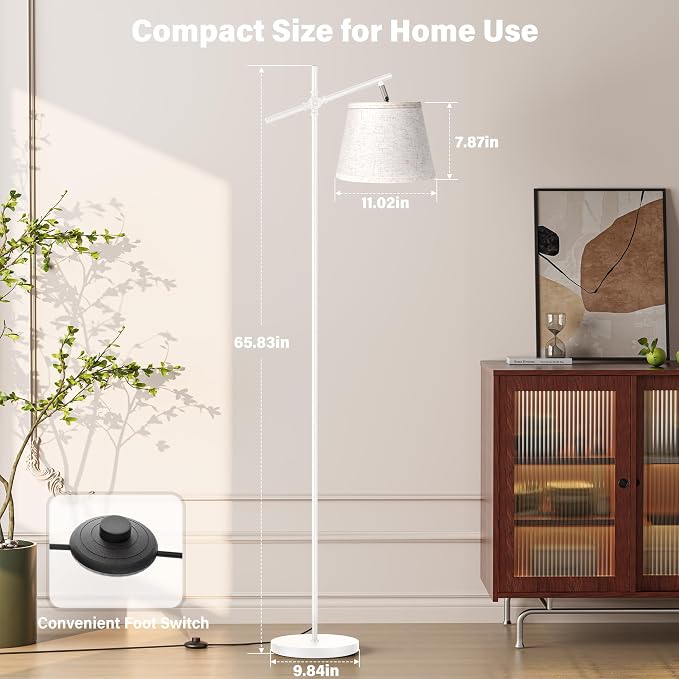 Floor Lamp with Linen Shade, Dimmable Tall Standing Lamp with Remote Control & 3 Color Temperatures Bulb, Modern Swing Arm Floor Lamps for Living Room Bedroom Office Corner