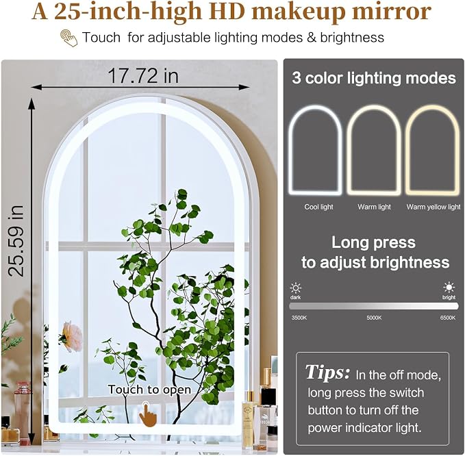 Ieejdn White,Vanity Desk with Mirror and Lights,Makeup Vanity with Power Outlet and Adjustable Cabinet,Modern Makeup Table with 3 Drawers for Bedroom Makeup Room