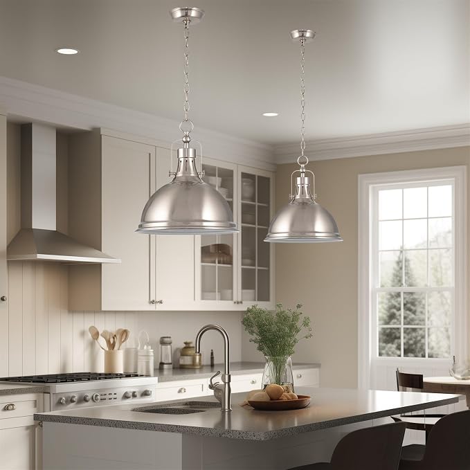 Kira Home Belle 14" Modern Industrial Pendant Light for Kitchen Island | Classic Dome Metal Shade, Retro Mid-century Profile Design, Premium Brushed Nickel Finish Ceiling Hanging Fixture