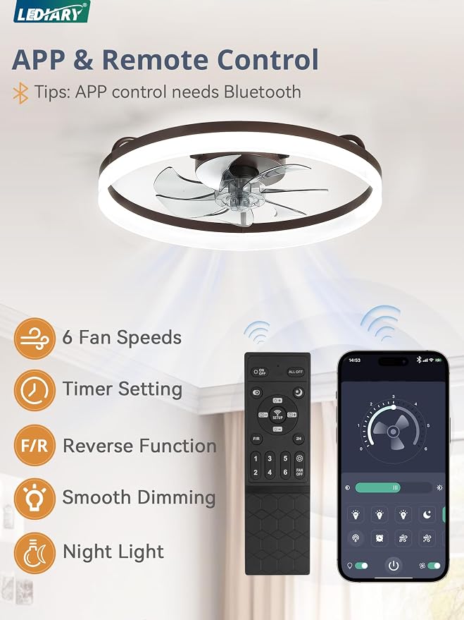 LEDIARY 20" Low Profile Ceiling Fans with Lights, APP & Remote, Brown | Flush Mount, Dimmable LED, Quiet DC Motor, Reversible, 6 Speeds, Fandelier, for Bedroom