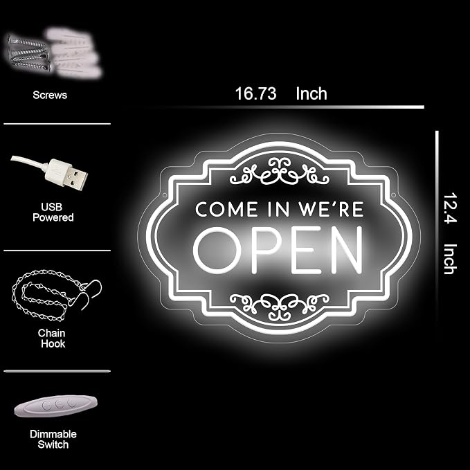 Come In We’re Open Neon Sign, LED Open Sign USB Powered | 17" x 12.6" Business Open Sign for Store, Hotel, Restaurant, Cafe, Bar and Party Decor
