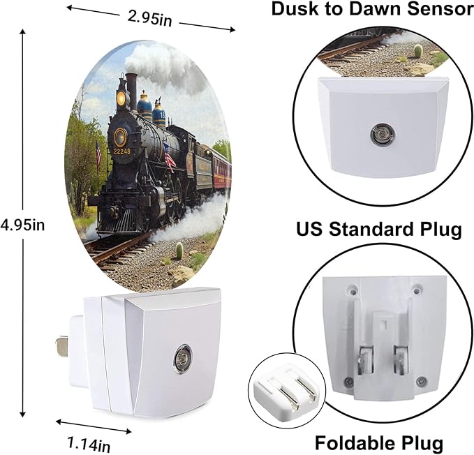 Train Night Lights Plug into Wall Antique Freight Steam Train Rural Scenery Night Light Dusk to Dawn Sensor LED Lighting for Home Bedroom Bathroom Living Room Farmhouse Decor