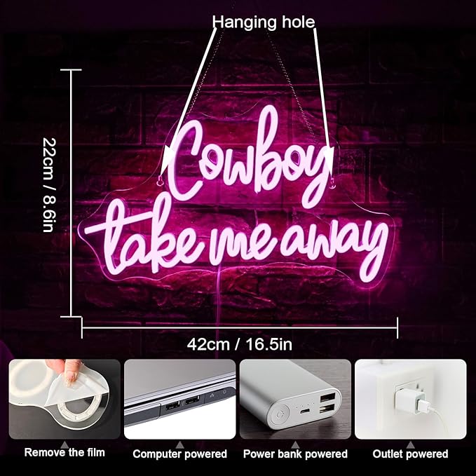 WLHOPE Neon Sign, Words Wedding Neon Signs for Wall Decor Cowboy Take Me Away Neon Sign Pink Neon Signs for Wall Decor Cowgirl Led Lights for Bar Man Cave Club Party Bedroom Home Birthday Western Decoration Gift