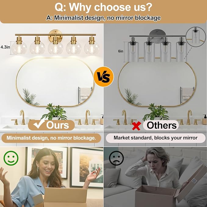 Indoi 5-Light Bathroom Light Fixture, Modern Brushed Gold Bathroom Lights Over Mirror with Clear Glass Globe Shades, Vanity Lighting Fixtures for Kitchen, Living Room, Hallway, Bedroom, Porch