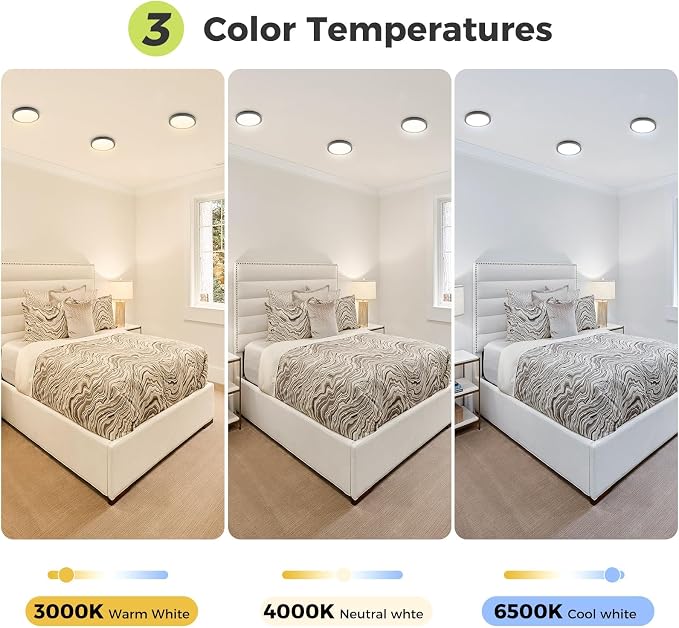 hepside 6PACK Flush Mount LED Ceiling Light Fixture Black, 6.5Inch 12Watt, Dimmable & 3000K-4000K-6500K Ceiling Lamp 1200LM Low Profile Ceiling Light for Kitchen Bedroom Hallway Porch