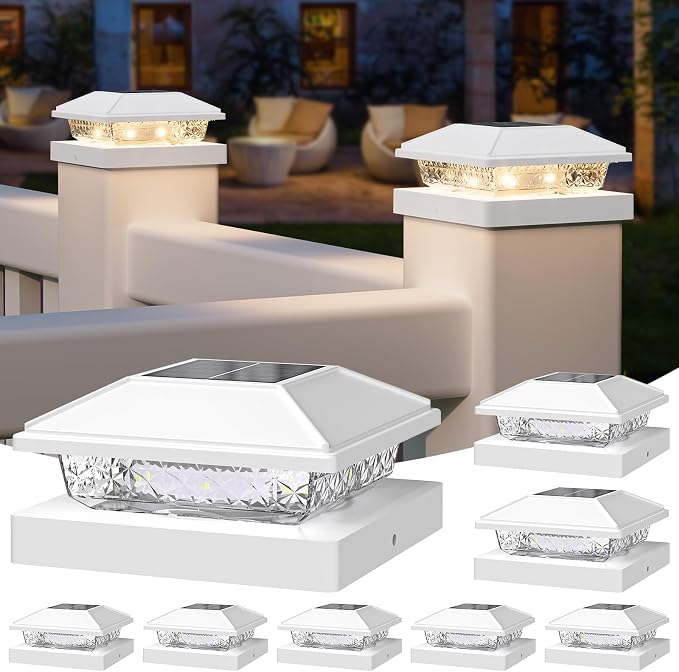 Solar Post Cap Lights,4x4 Post Solar Lights,Warm White,8 Pack White | Fence Post Solar Lights for 4x4 Post Caps Wood Vinyl &5x5 Vinyl Post,IP64 Waterproof Solar Post Lights Outdoor for Deck