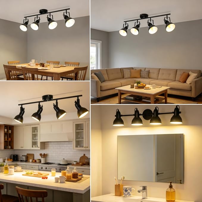 HiBay Track Lighting Fixtures Ceiling Black, Adjustable 4-Light Spotlight | Industrial LED Track Lights for Kitchen, Dining Room, Bedroom, E26 Base (Bulb Not Included)