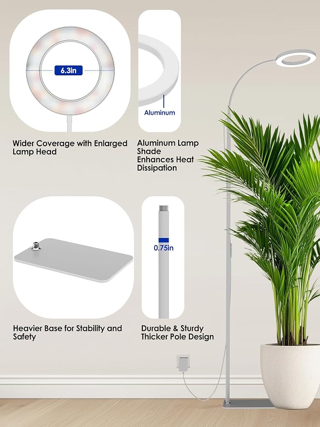 36W Grow Lights for Indoor Plants,Full Spectrum LED Plant Light with Stand | Dual Heads, Adjustable Height and Angle, 3/9/12H Timer, Dimmable, 3 Modes Floor Plant Growing Lamp for Indoor Growing, White