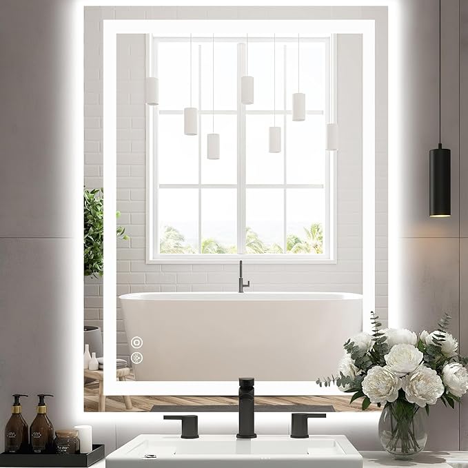 DUMOS 36"x48" Smart Anti-Fog LED Bathroom Mirror with 3 Color Temperatures, Dimmable, Memory Function, Rectangle Modern Vanity Mirror