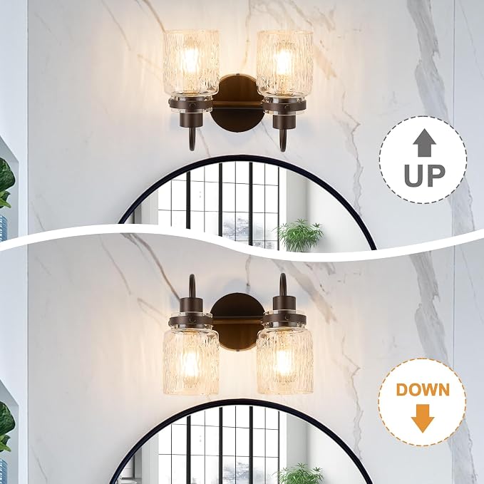 2 Lights Hammered Glass Bathroom Vanity Light, Oil Rubbed Bronze | Easy Installation,Up or Down,Farmhouse Modern Style,E26 Socket,ETL Certification
