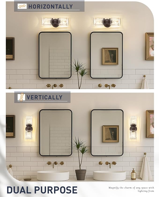 Rustic Wall Sconces, HWH Farmhouse Sconce Wall Lighting in Oil-Rubbed Bronze Finish, 2-Light Indoor Up Down Wall Light for Bathroom, Bell-Shaped Clear Glass, 5HZG106B-2W ORB
