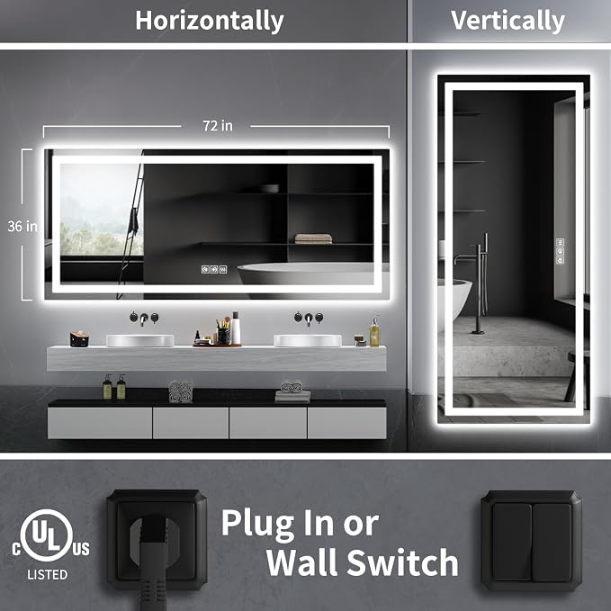 LED Mirror for Bathroom, 72x36 Inch Backlit + Front Lighted | Bathroom Vanity Mirror with Lights for Wall, Double Light Strips, 3 Colors, Shatter-Proof, Anti-Fog and Brightness Memory
