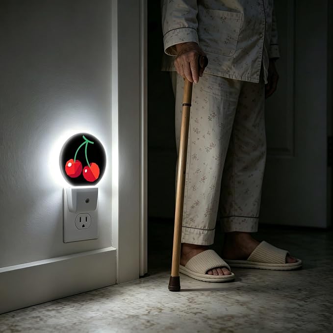 Nightlight Red Cherry Plug-in Night Lights Dusk to Dawn | Sweet Fruits Printed Night Light LED Round Lamp with Auto on/off Sensor for Kitchen Hallway Bedroom Bathroom