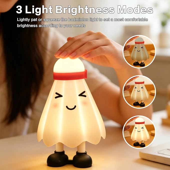 Cute Badminton Night Light - 30min Auto-Off Nursery Bedside Nightlight, 3 Adjustable Brightness Night Lamp for Bedroom, Birthday, Children’s Day, Valentine’s Day Gift for Her Girls Boys