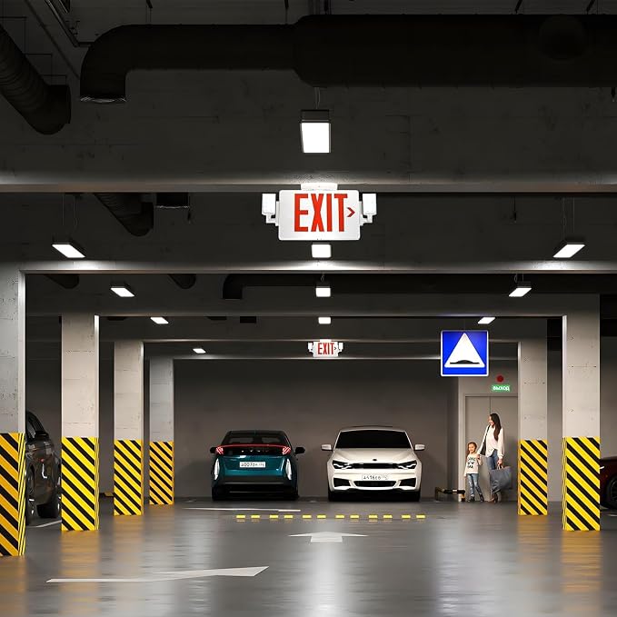 Gruenlich Exit Sign with Emergency Light, Double Face, Battery Backup | Hardwired LED Combo Exit Light for Bussiness, Two Bright and Adjustable Heads, Red, UL 924 and CEC, 120-277 Voltage, 12 Pack