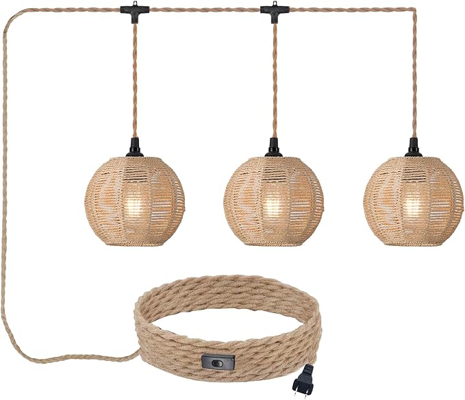 3 Lights Plug in Pendant Light with Cord On/Off Switch | Rattan Hanging Lamp with 22ft Hand Woven Wicker Plug in Chandelier Boho Hanging Lights Fixture