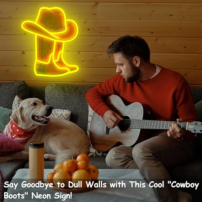 Cowboy Boot Hat Neon Sign 15.2”x13”LED Western Yellow Cowboy Boot Neon Light for Wall Decor Dimmable Hat Light Up Sign for Bedroom Game Room Man Cave Presents for Birthday Party Rodeo Enthusiast