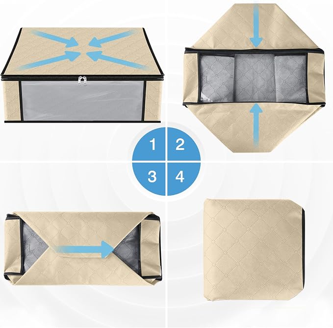 HomeHacks 6-Pack Clothes Organizer Storage Bags, 35L Storage Bins, Beige | Foldable Storage Box Container with Zippers, Clear Window, Reinforced Handles for Closet, Dorm, Pillows, Bedding, Sweater