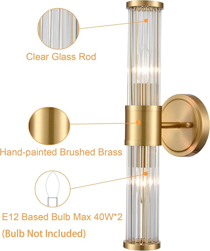Mid-Century Wall Sconces Brass Glass Rod Wall Light 2-Light Vanity Wall Lights Fixtures for Bedroom Hallway Living Room…