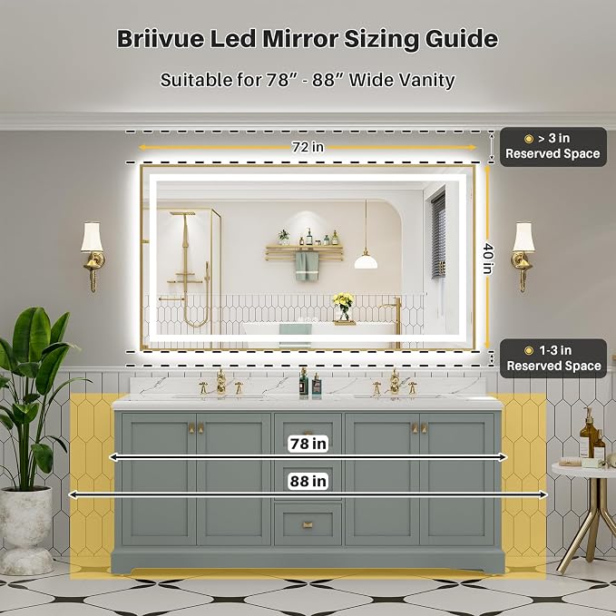 72x40 Inch LED Bathroom Mirror with Gold Frame, Backlit & Front Lit | Anti-fog, 3 Color Dimmable, Memory Function, HD Reflection Tempered Glass, ETL Listed, IP54 Waterproof