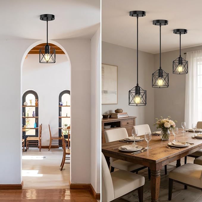 3 Light Pendant Lighting, Farmhouse Hanging Light Fixture for Kitchen Island & Dining Room, Industrial Vintage Ceiling Lamp with E26 Base, Adjustable Height, Matte Black