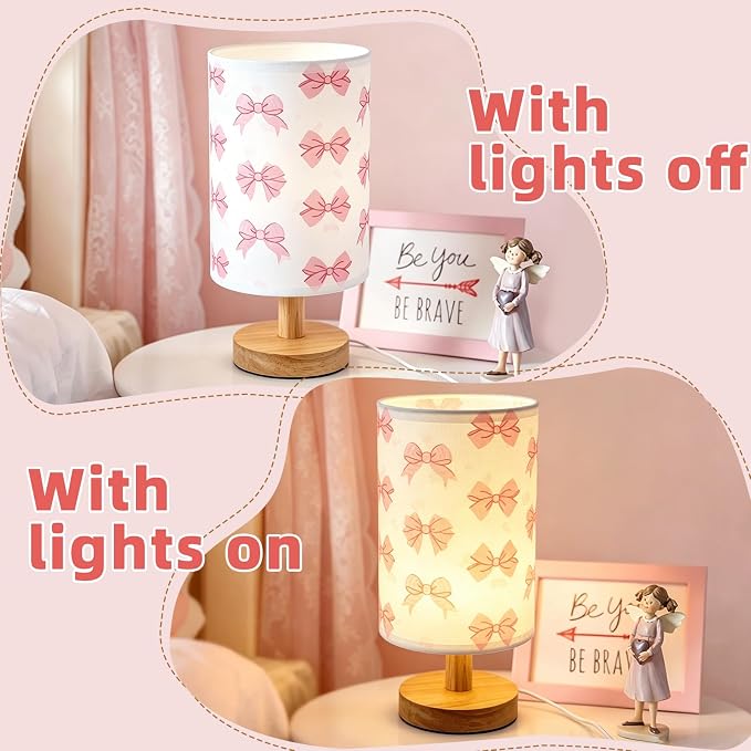 Pink Bow Bedside Table Lamp for Bedroom,Kids Room Decorative Lights 3 Colors LED Nightstand Night Light Lamps with Linen Lampshade Desk Lamp for Girls Boys Birthday Gifts for Home Living room Decor