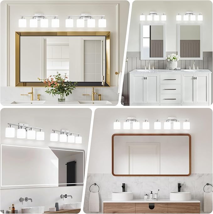 4 Light Bathroom Light Fixtures, Anti-Rust Finish Brushed Nickel Vanity Lights for Bathroom with Milky White Frosted Glass Shade for Mirror Bedroom Living Room E26 Base