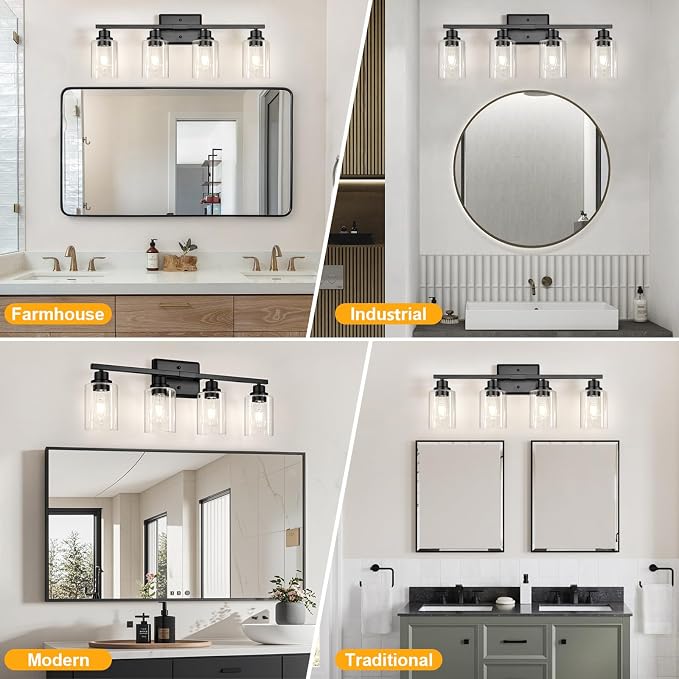 Modern Black Bathroom Light Fixtures, 4-Light Vanity Lights Over Mirror with E26 LED Bulbs Included, Wall Sconce with Clear Glass Shades for Living Room Bedroom Hallway Kitchen