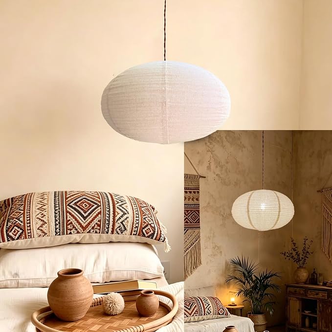 Linen Pendant Light Shade 20 Inches Oval Hanging Lamp Shade | Off-White Hanging Lampshade Can replace Paper Lanterns Handmade Fabric Light Covers Home Decor Ceiling Lampshade