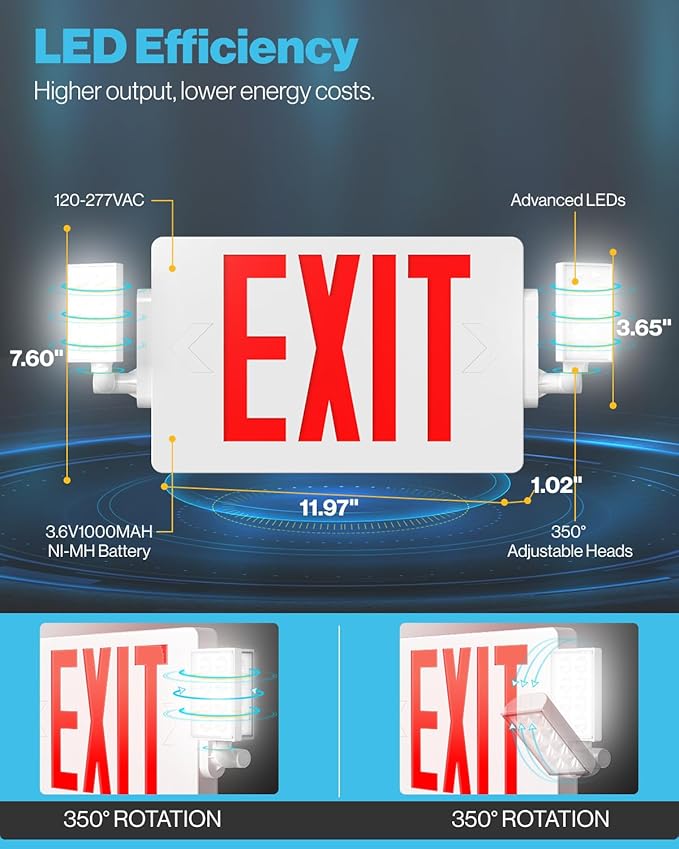 Sunco Exit Signs With Emergency Lights, Two Adjustable LED Lights With Backup Battery, Red, 94V-0 Fire Resistant, 120-277V, Wall Or Ceiling Mount, Commercial Grade UL.