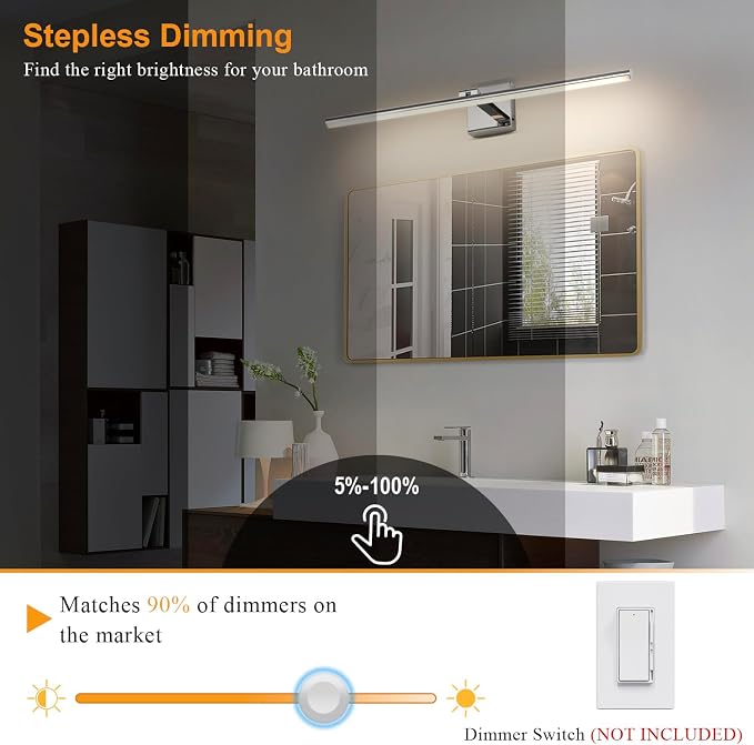 LED Bathroom Vanity Light, Modern Bathroom Light Fixture Over Mirror (3000K/4000K/6000K, Dimmable), Vanity Light Bar with Angle Adjustable, 32 Inch, Chrome