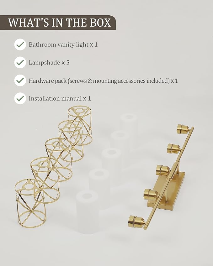 5-Light Brushed Gold Bathroom Light Fixtures Over Mirror, 38" UL-Listed Modern Wall Sconce Lights with Milk White Frosted Glass and Metal Cage for Bath, Hardwire E26, CH9176BGW-5W