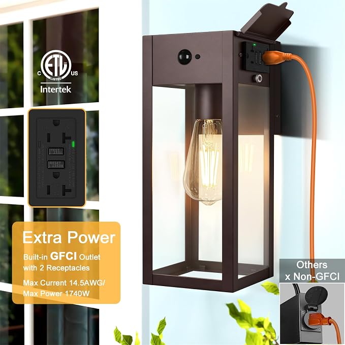 Porch Lights with GFCI Outlet, 2Pack Motion Sensor Outdoor Lights | Dusk to Dawn, Anti-Rust, Waterproof, Tempered Glass, Easy Installation, E26 Socket, Exterior Lighting for Patio, Brown