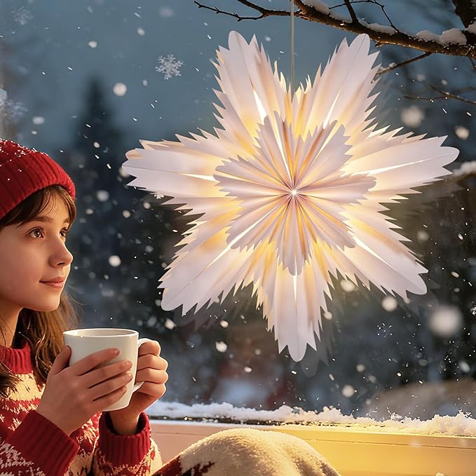 Lewondr Christmas Paper Star Lantern 2 Pack, Hanging Cherry Blossom Light with Remote Control, LED Paper Lanterns with 6H Timer for Holiday Home Decoration, 17.72 × 17.72 × 1.97 Inch, Warm Light